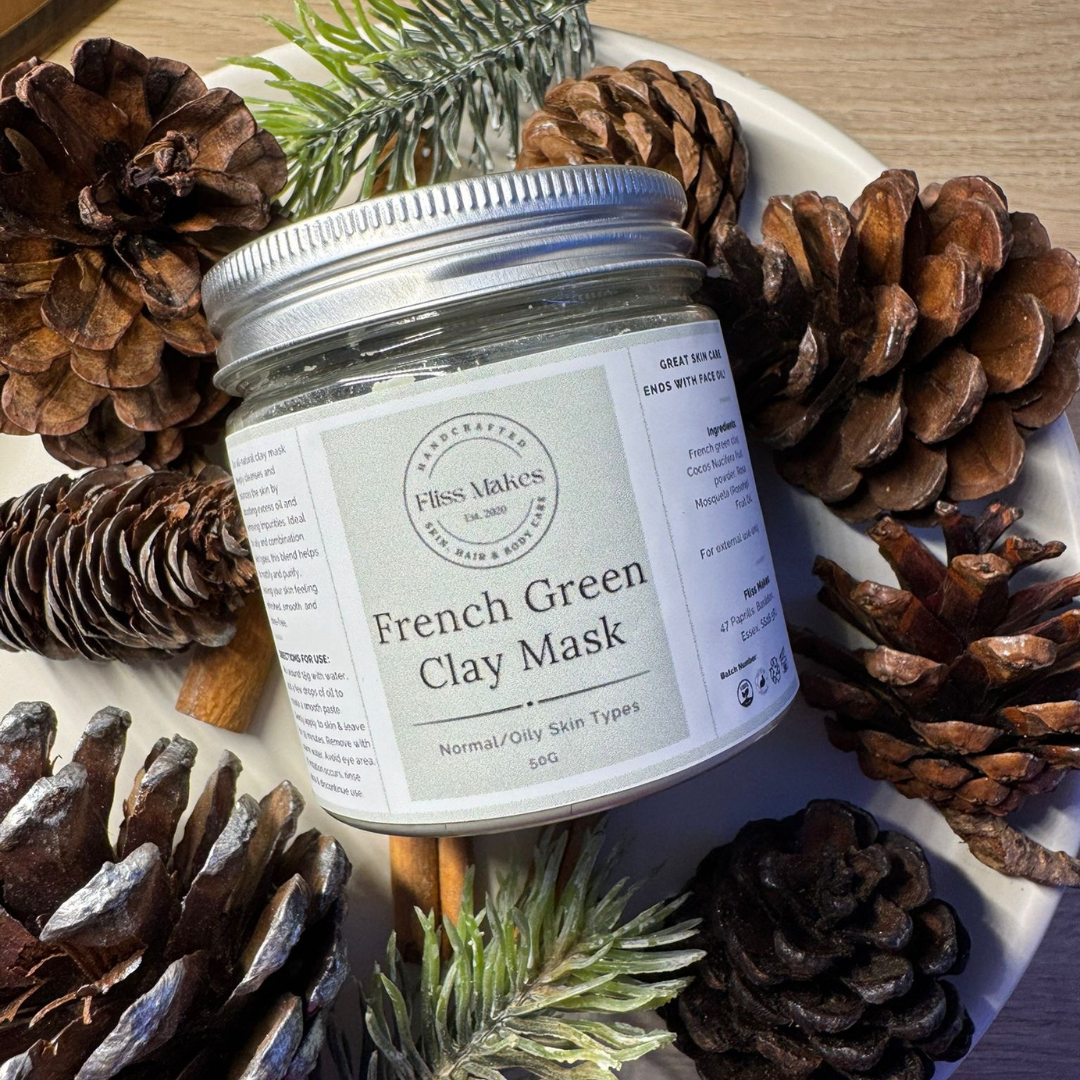 A jar of 100% natural handcrafted French green clay mask made with organic, vegan and cruelty-free ingredients, showcasing its smooth texture.