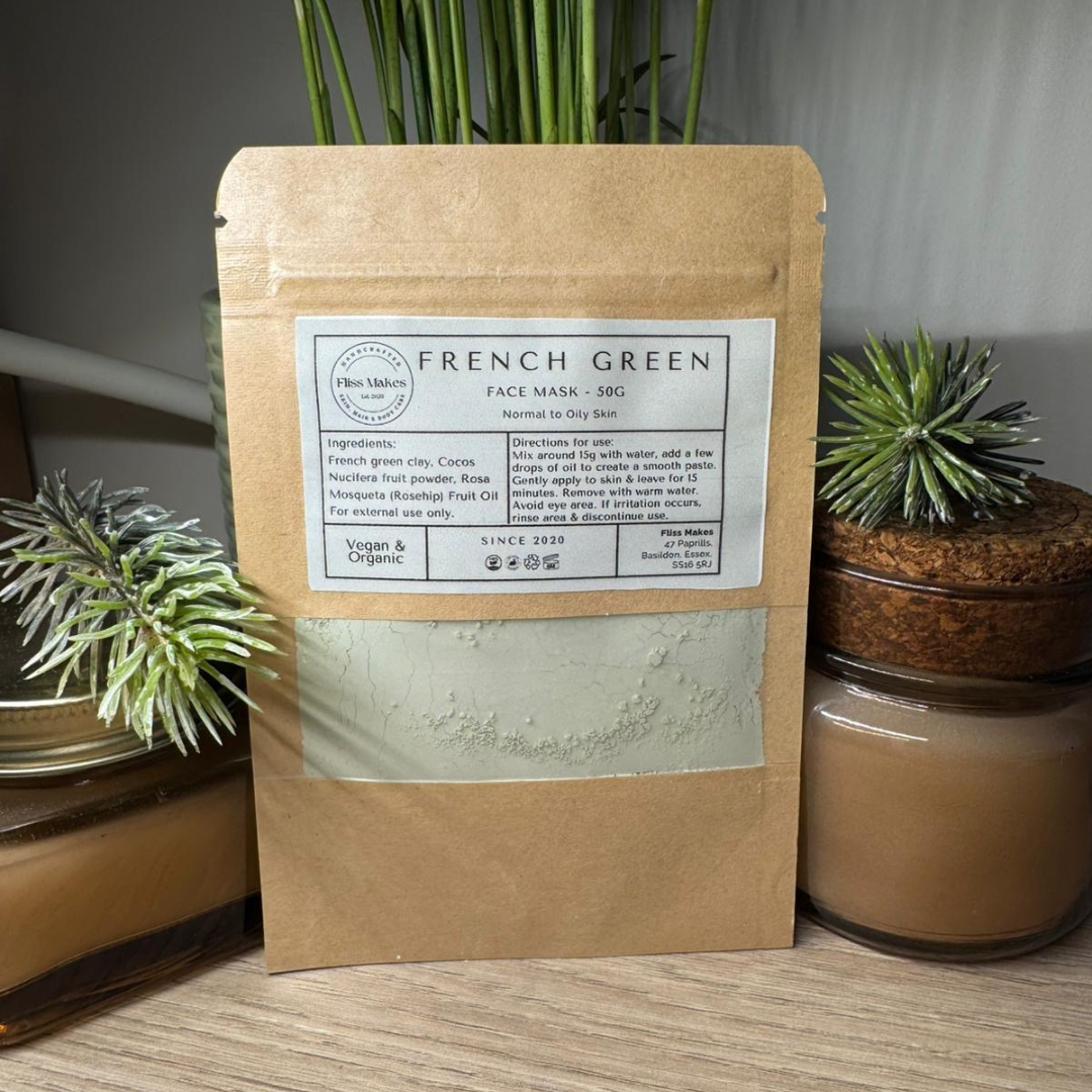 A refill pouch of 100% natural handcrafted French green clay mask made with organic, vegan and cruelty-free ingredients, showcasing its smooth texture.