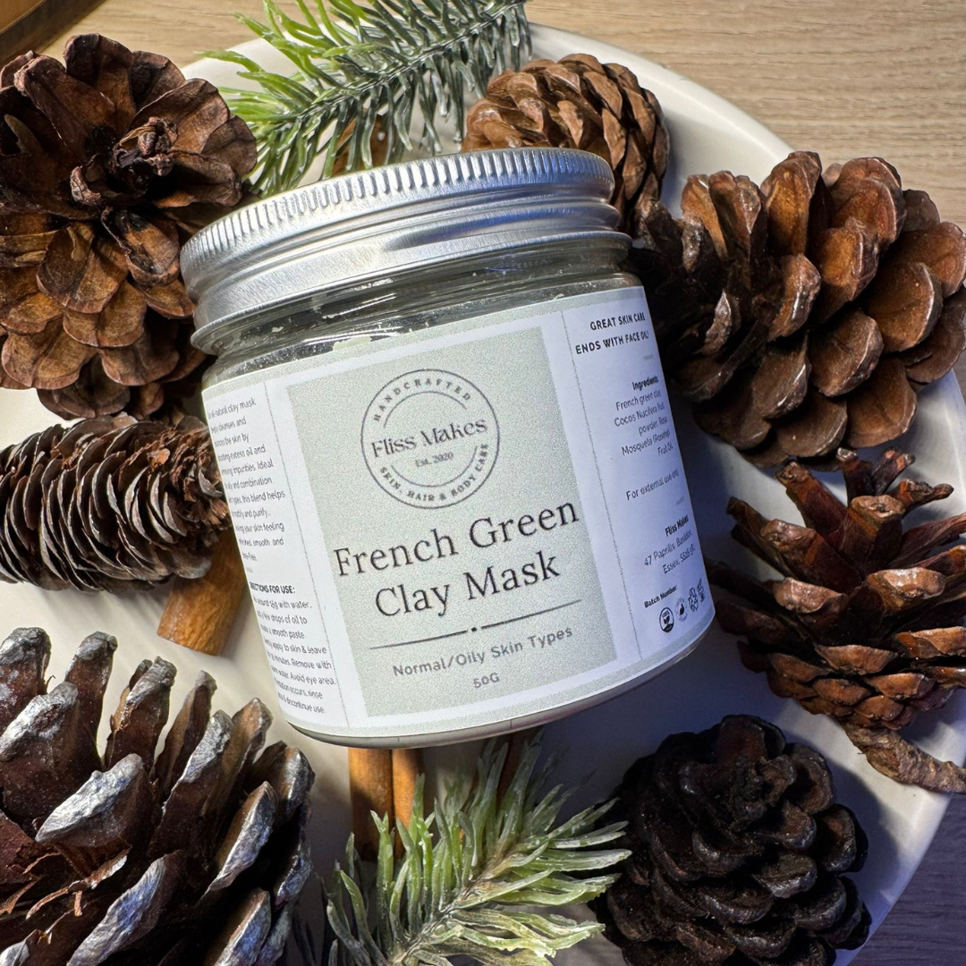 A jar of 100% natural handcrafted French green clay mask made with organic, vegan and cruelty-free ingredients, showcasing its smooth texture. 