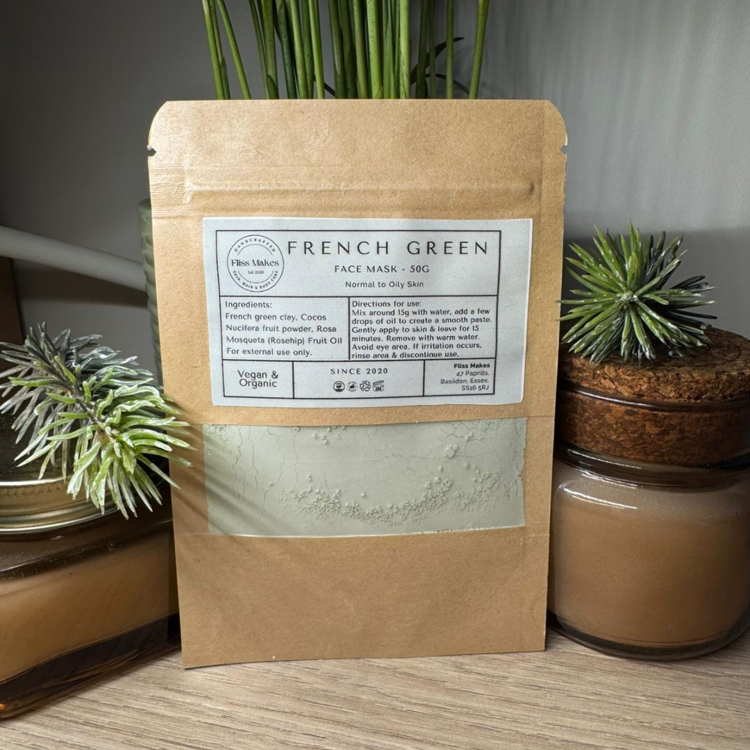 A refill pouch of 100% natural handcrafted French green clay mask made with organic, vegan and cruelty-free ingredients, showcasing its smooth texture. 