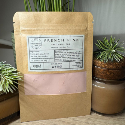 A refill pouch of 100% natural handcrafted French pink clay mask for sensitive skin made with organic, vegan and cruelty-free ingredients, showcasing its smooth texture.