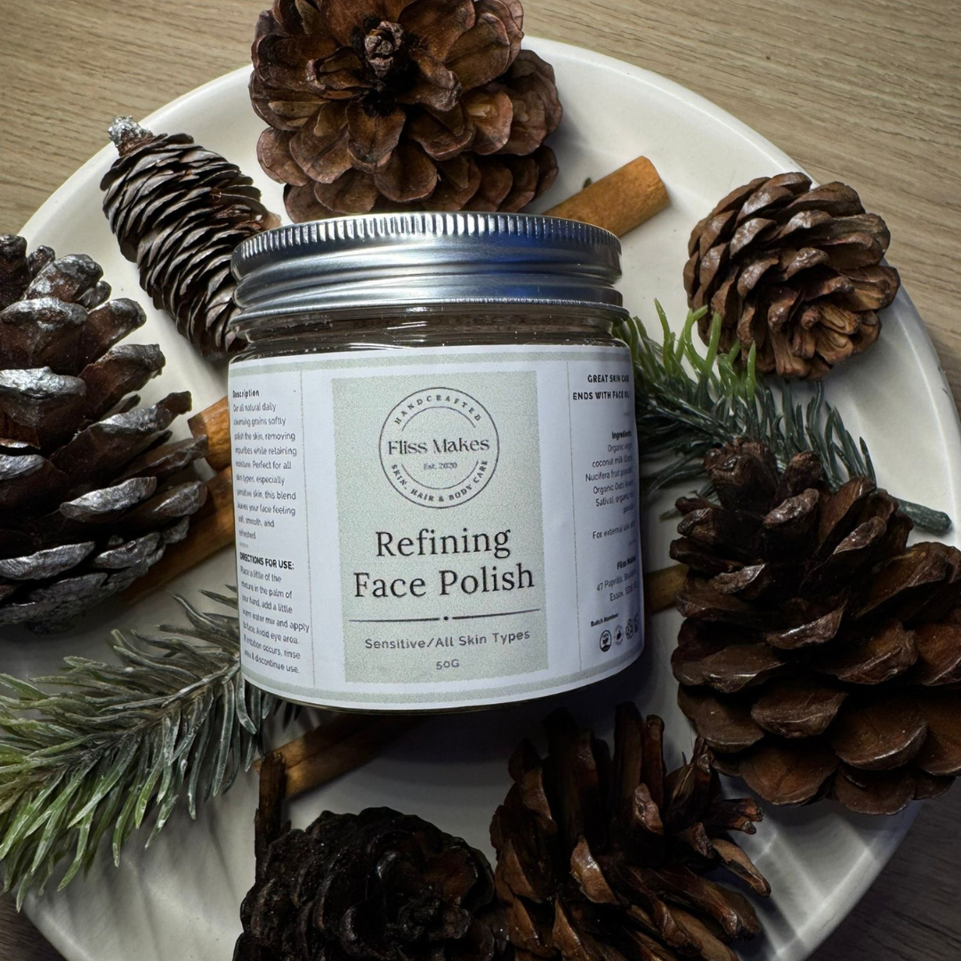 A jar of 100% natural handcrafted Refining Face Polish made with organic, vegan and cruelty-free ingredients, showcasing its smooth texture.